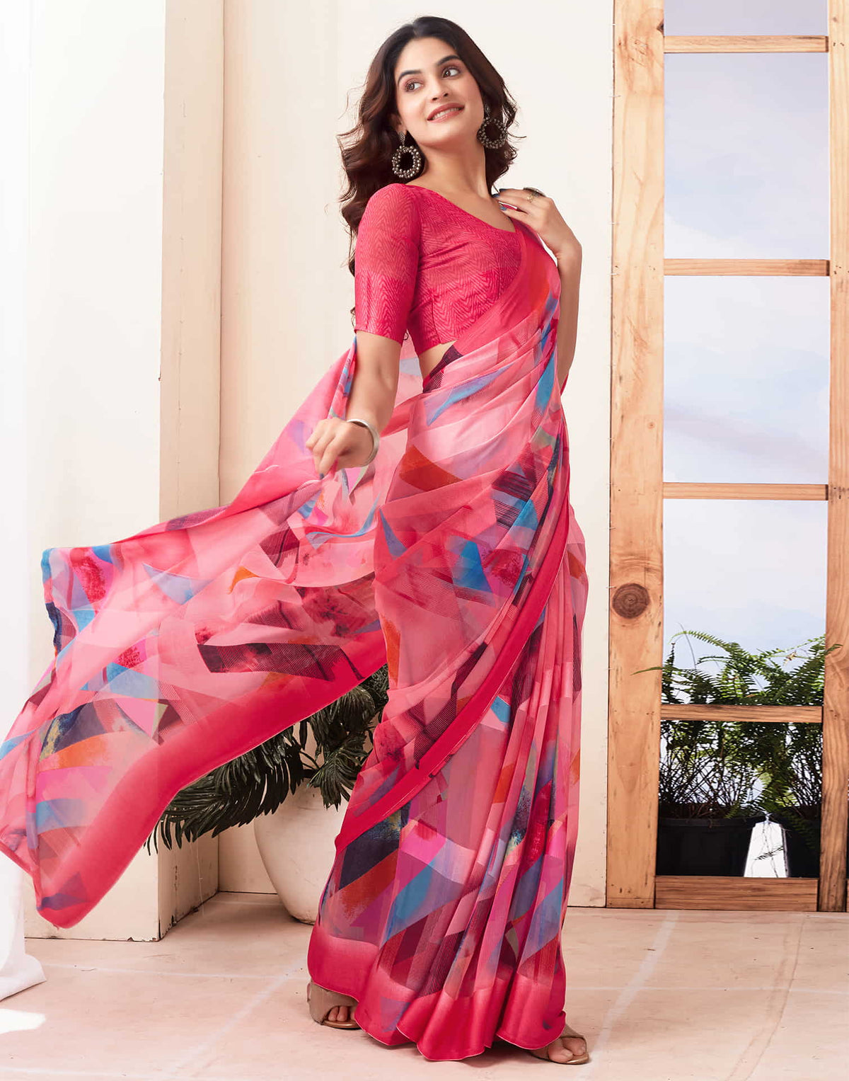 Sudathi Rose Pink Geometric Printed Georgette Saree - PUSHMYCART
