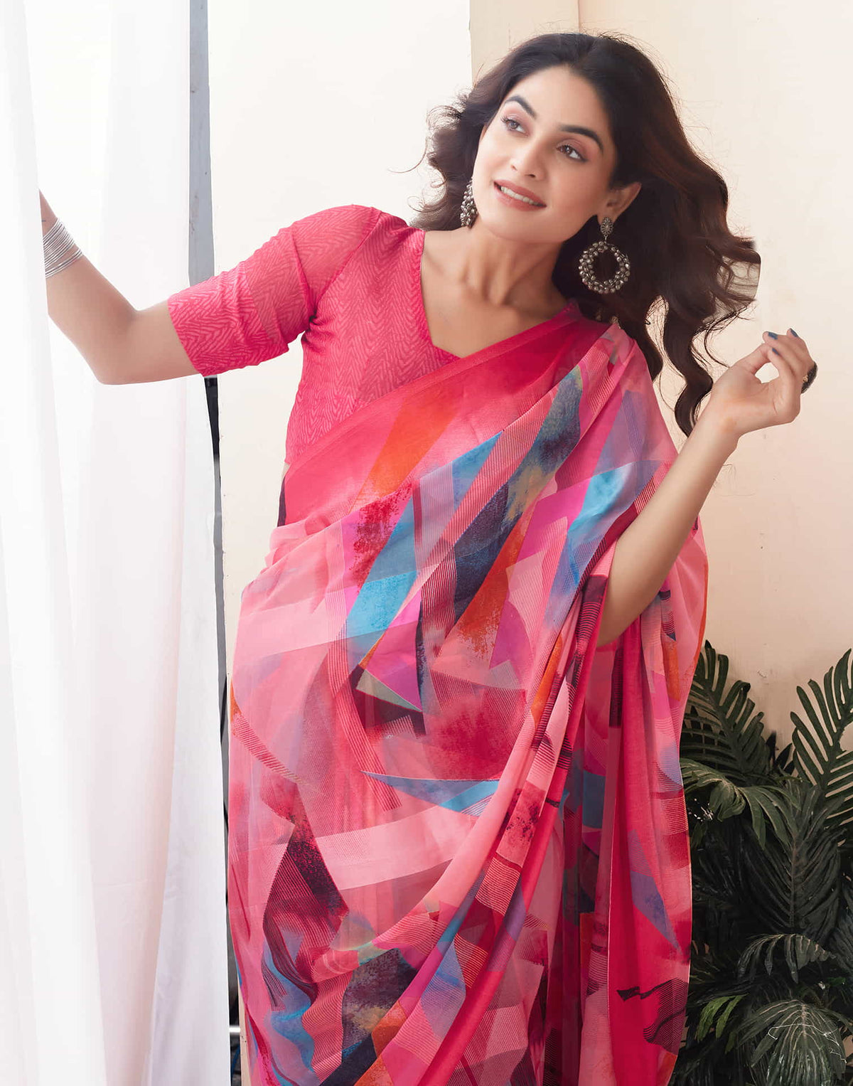 Sudathi Rose Pink Geometric Printed Georgette Saree - PUSHMYCART