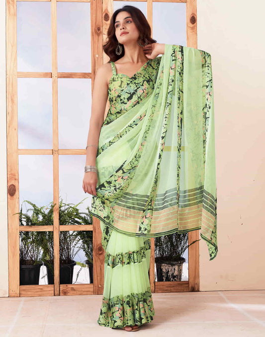 Sudathi Light Green Printed Georgette Saree - PUSHMYCART