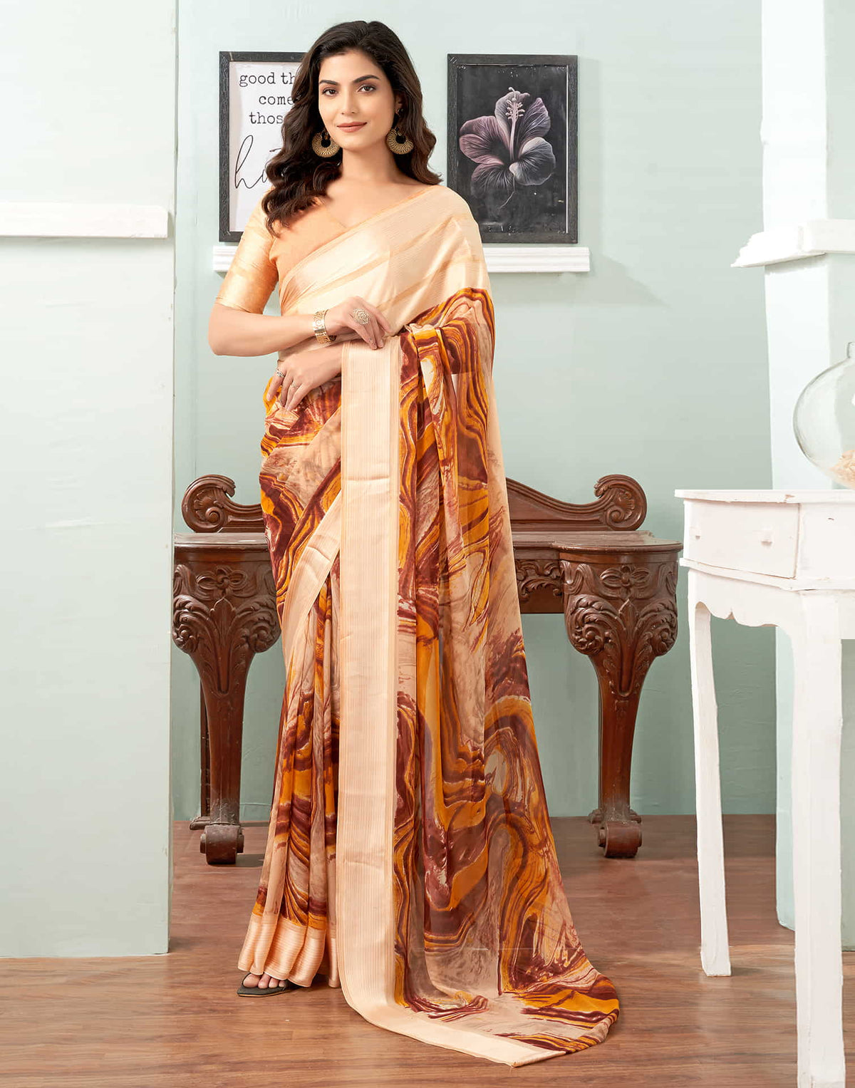 Sudathi Cream Printed Georgette Saree