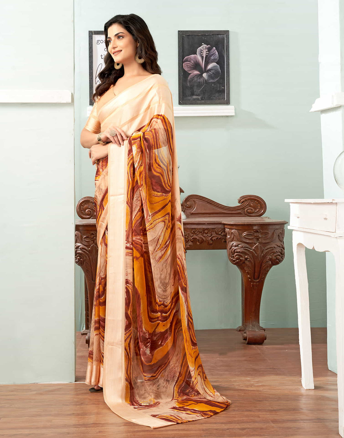 Sudathi Cream Printed Georgette Saree - PUSHMYCART