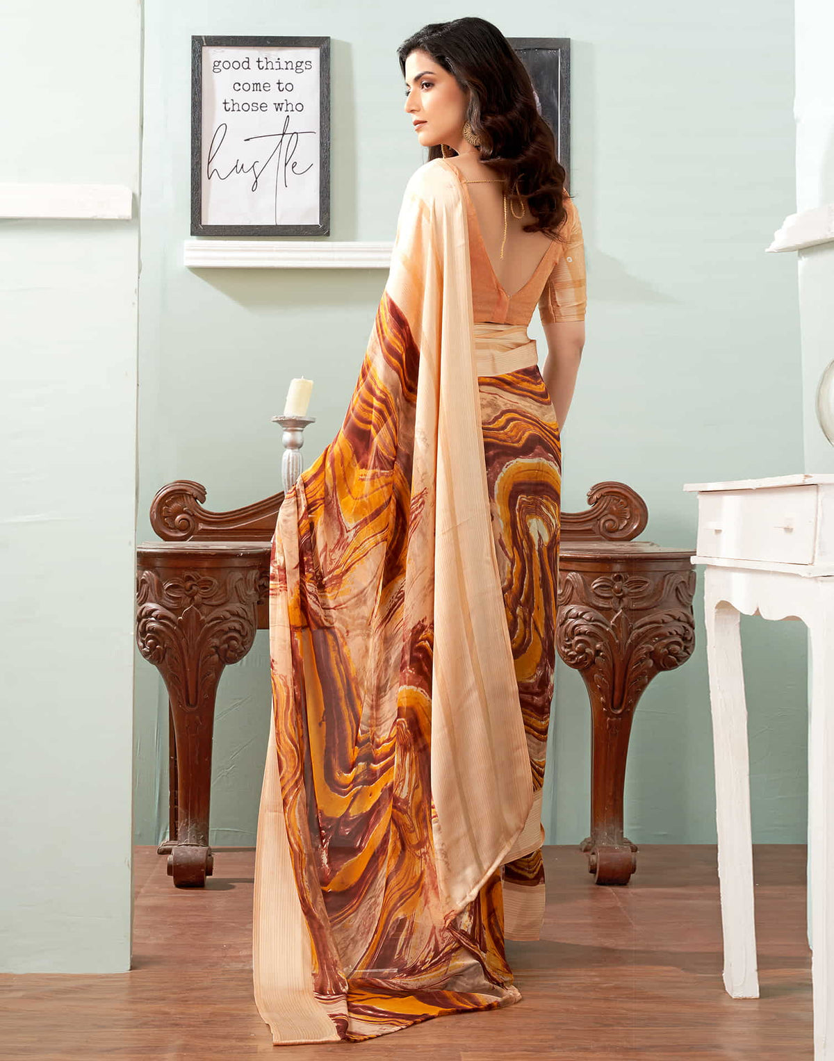 Sudathi Cream Printed Georgette Saree - PUSHMYCART