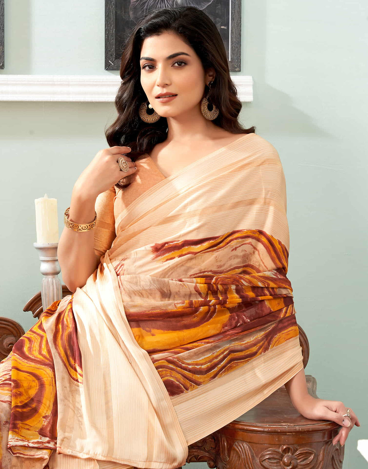 Sudathi Cream Printed Georgette Saree - PUSHMYCART