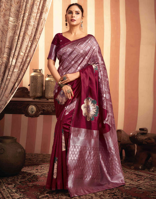 Sudathi Dark Red Woven Banarasi Silk Saree