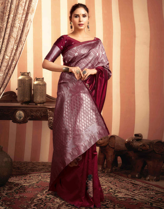 Sudathi Dark Red Woven Banarasi Silk Saree - PUSHMYCART