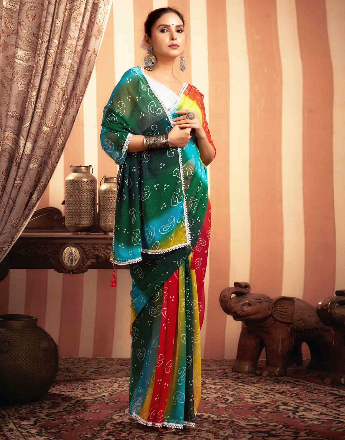 Sudathi Red Bandhani  Printed Georgette Saree - PUSHMYCART
