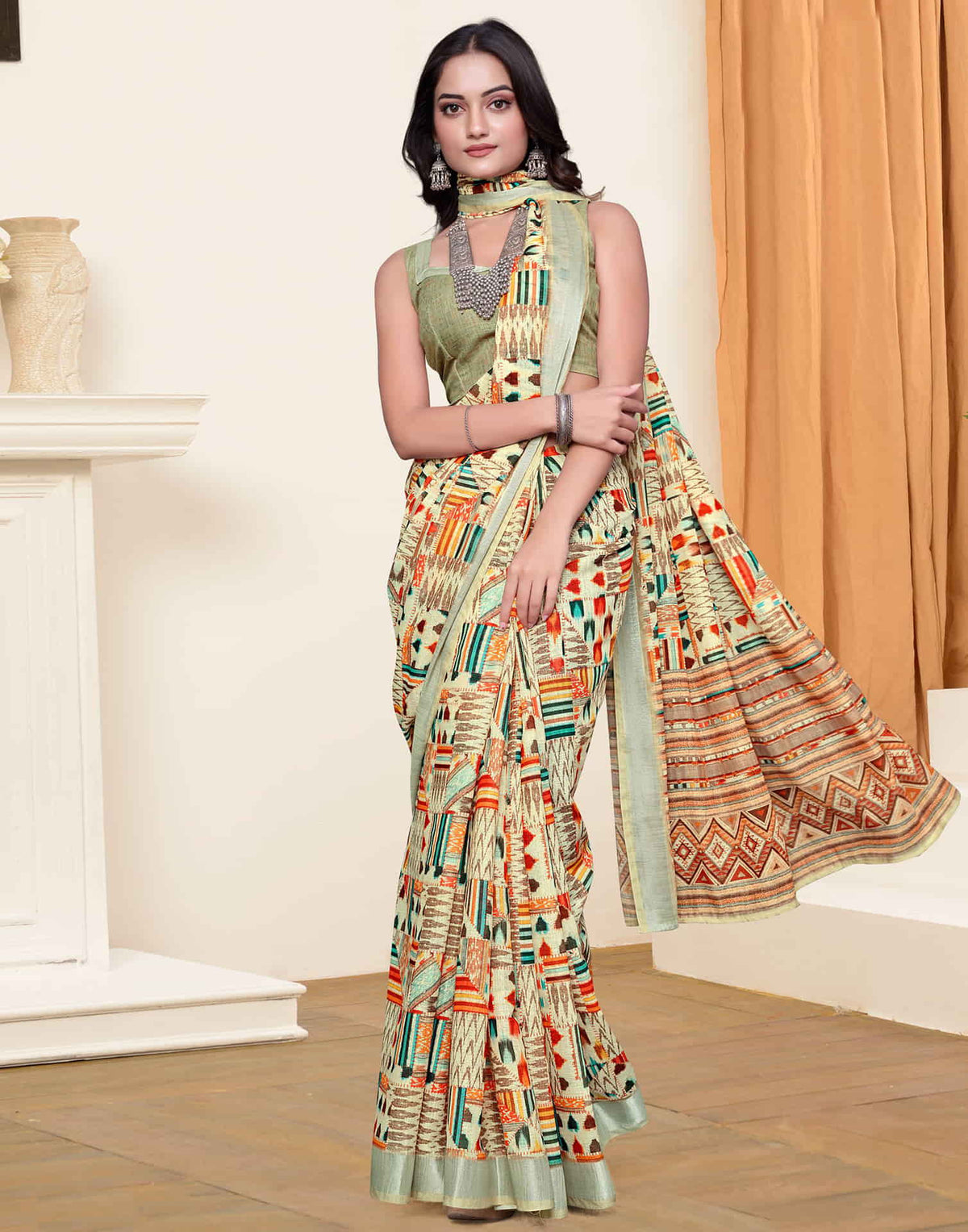 Sudathi Cream Zari Printed Linen Saree