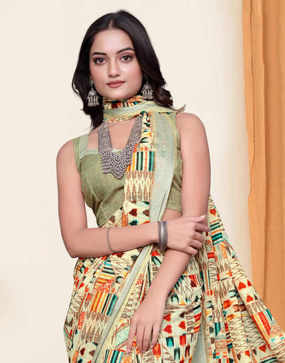 Sudathi Cream Zari Printed Linen Saree - PUSHMYCART