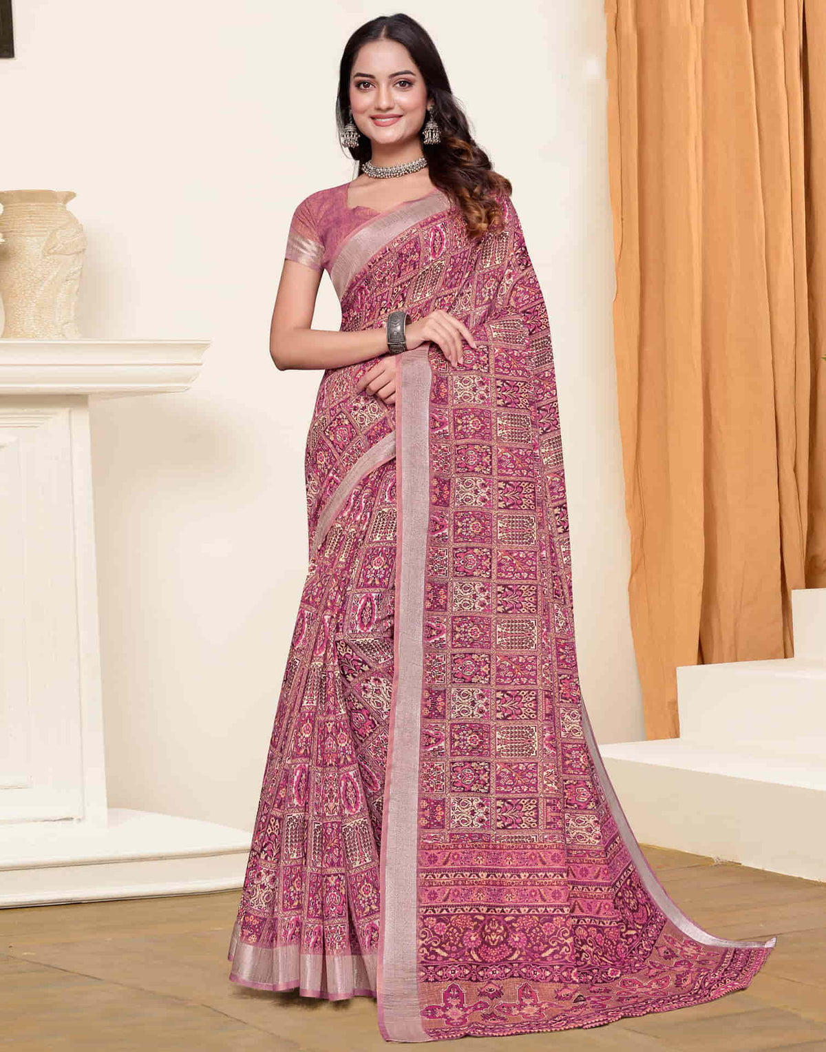 Sudathi Dusty Pink Zari Printed Linen Saree
