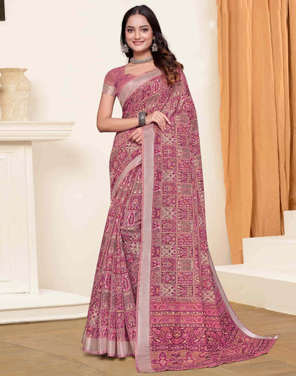 Sudathi Dusty Pink Zari Printed Linen Saree