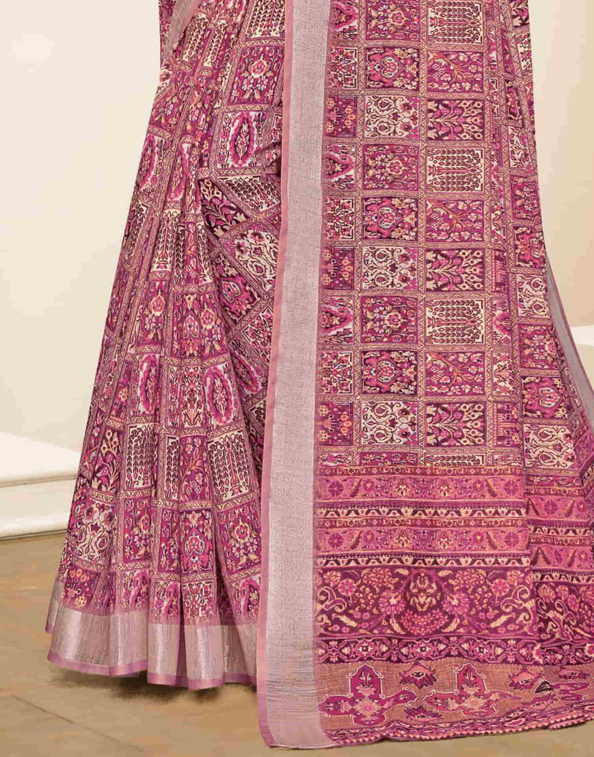 Sudathi Dusty Pink Zari Printed Linen Saree - PUSHMYCART
