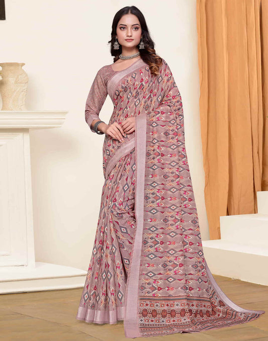 Sudathi Dusty Mauve Zari Printed Linen Saree