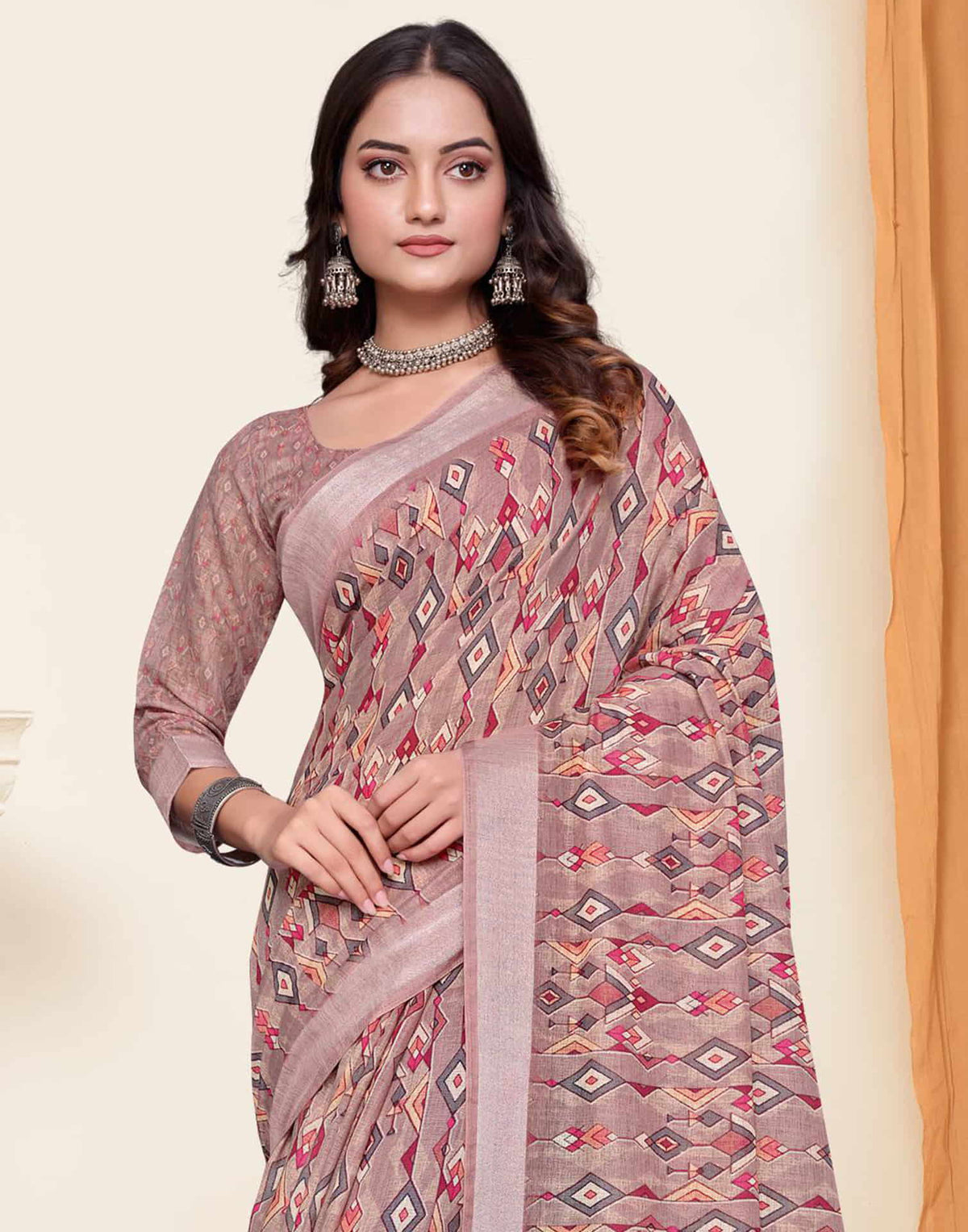Sudathi Dusty Mauve Zari Printed Linen Saree - PUSHMYCART