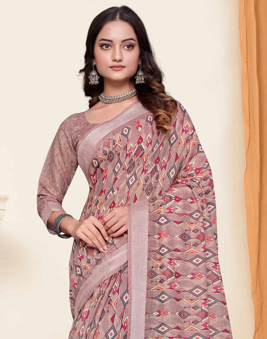 Sudathi Dusty Mauve Zari Printed Linen Saree - PUSHMYCART