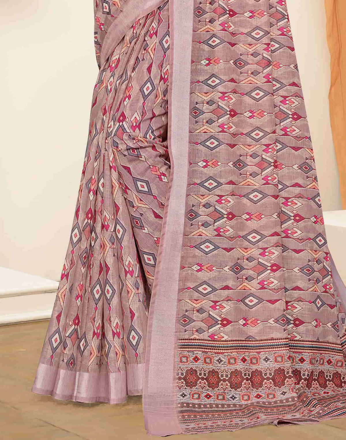 Sudathi Dusty Mauve Zari Printed Linen Saree - PUSHMYCART