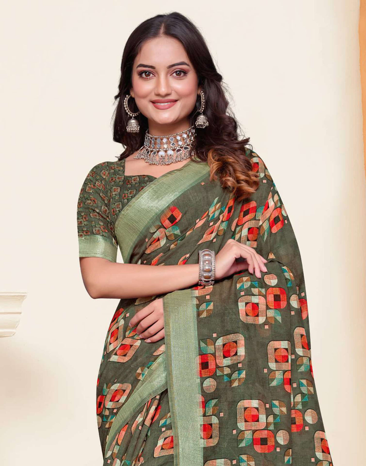 Sudathi Dark Olive Green Zari Printed Linen Saree