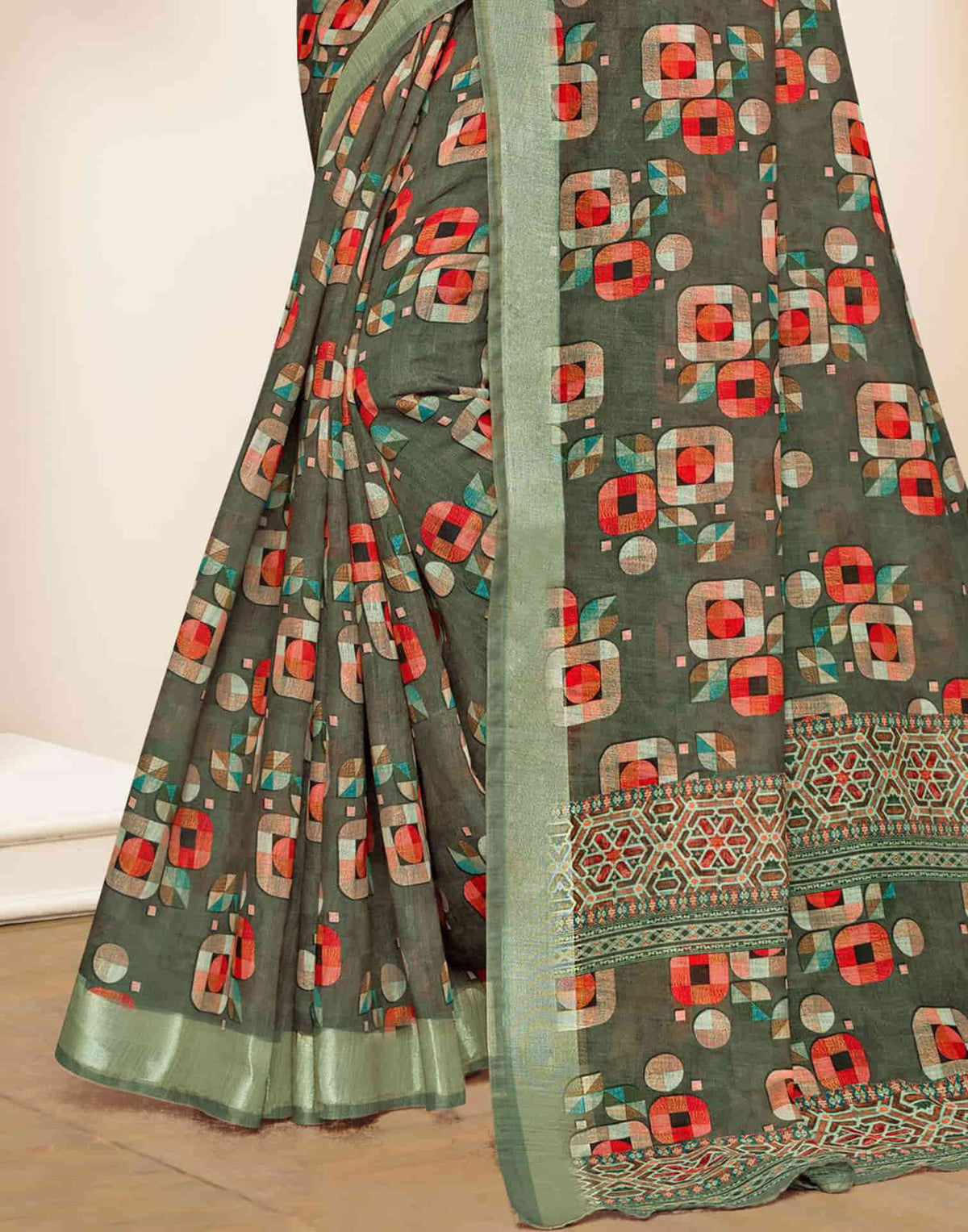 Sudathi Dark Olive Green Zari Printed Linen Saree - PUSHMYCART