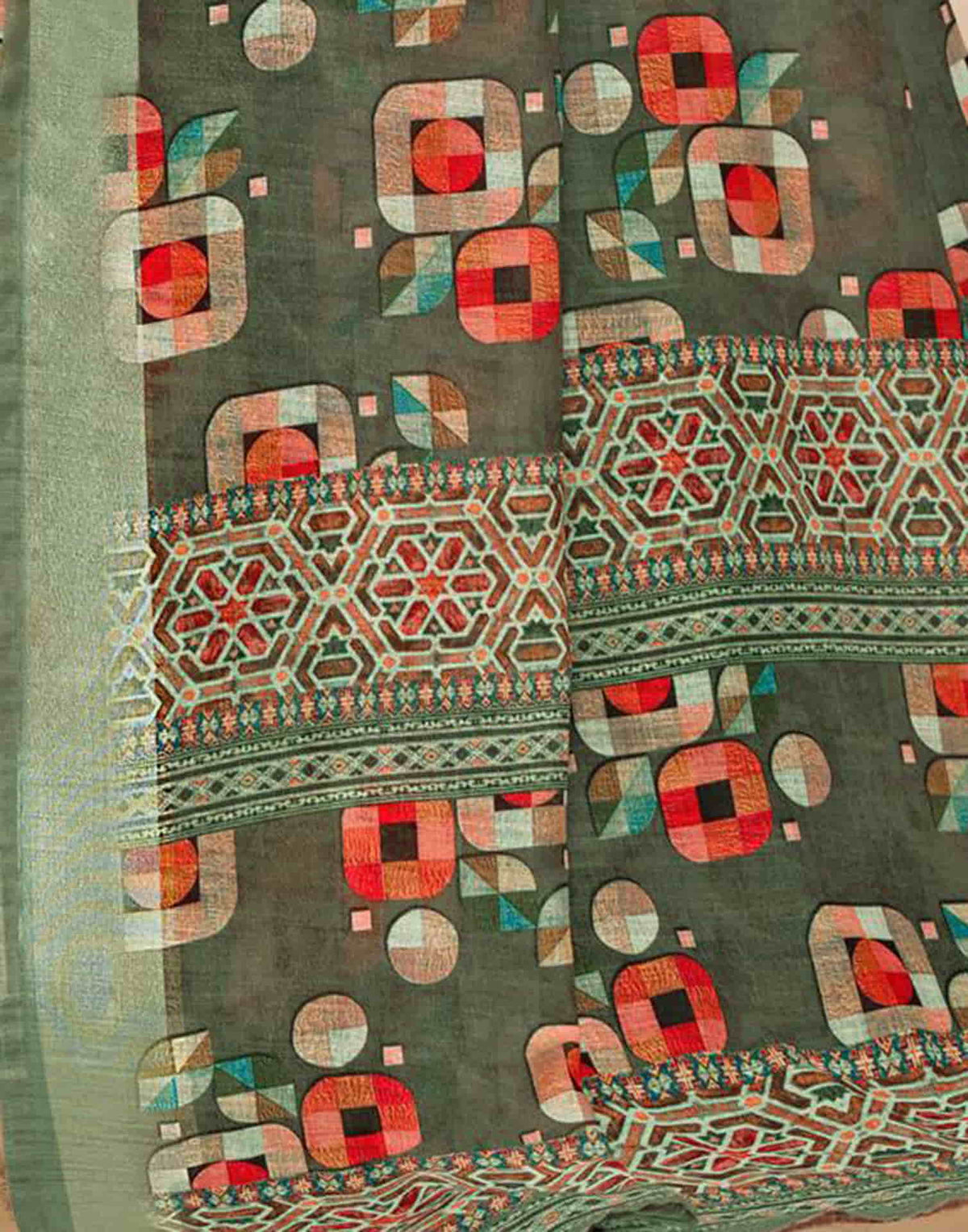 Sudathi Dark Olive Green Zari Printed Linen Saree - PUSHMYCART