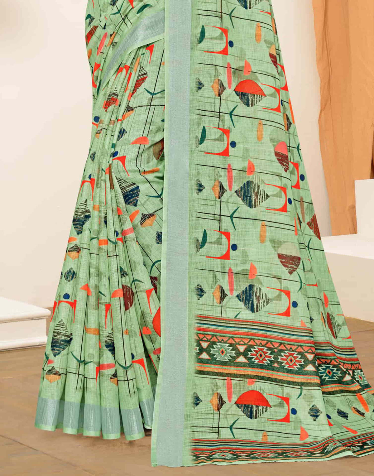 Sudathi Pista Green Zari Printed Linen Saree - PUSHMYCART