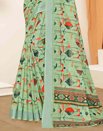 Sudathi Pista Green Zari Printed Linen Saree - PUSHMYCART
