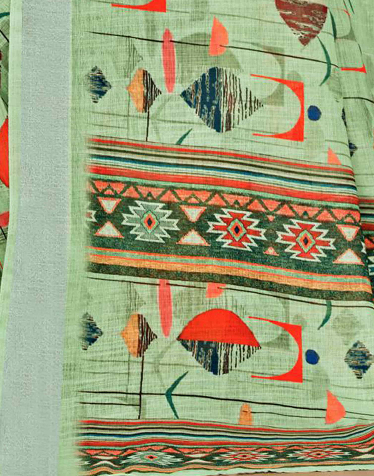 Sudathi Pista Green Zari Printed Linen Saree - PUSHMYCART