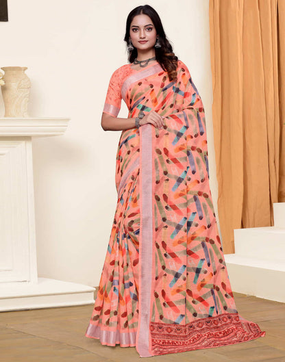 Sudathi Peach Zari Printed Linen Saree