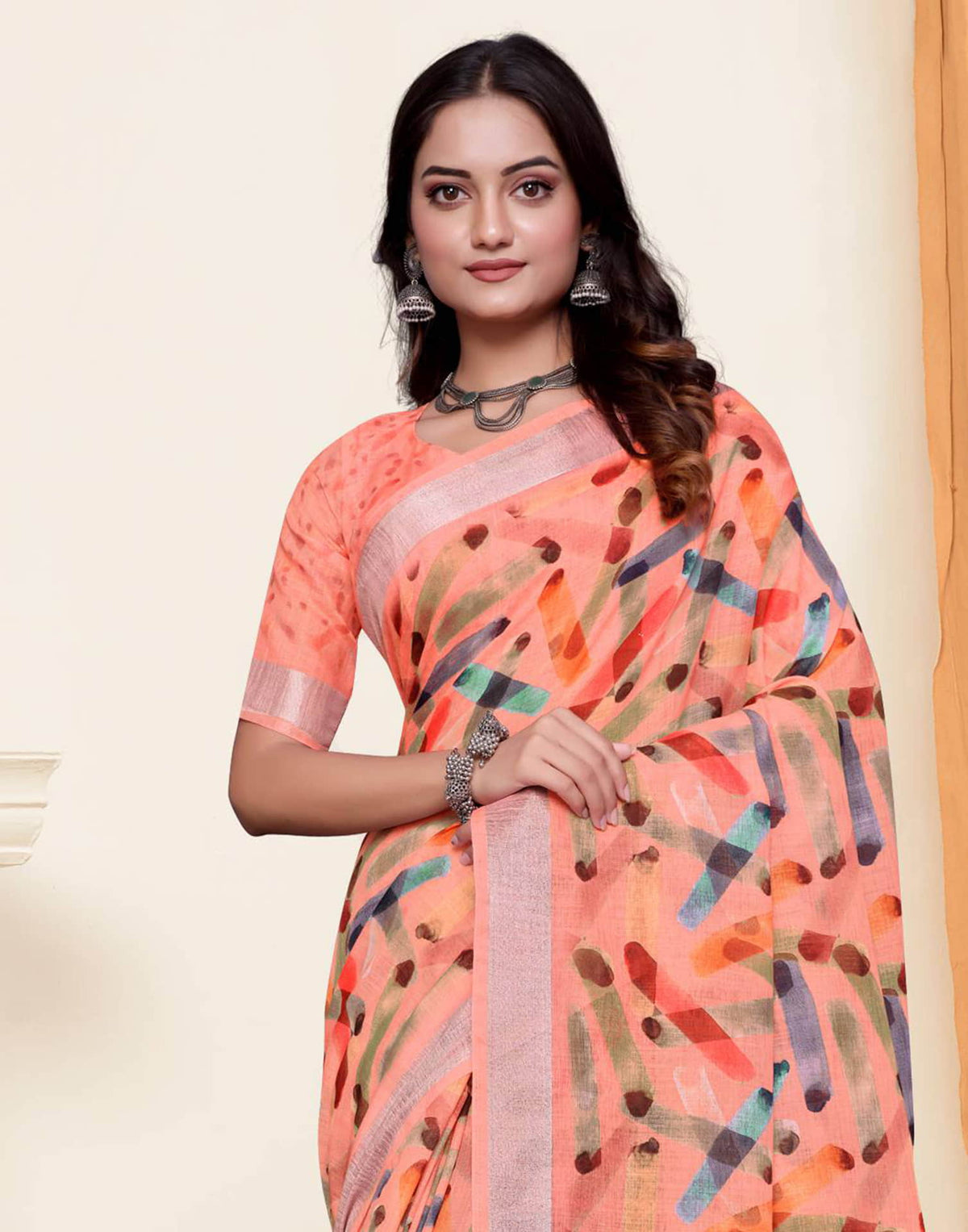 Sudathi Peach Zari Printed Linen Saree - PUSHMYCART