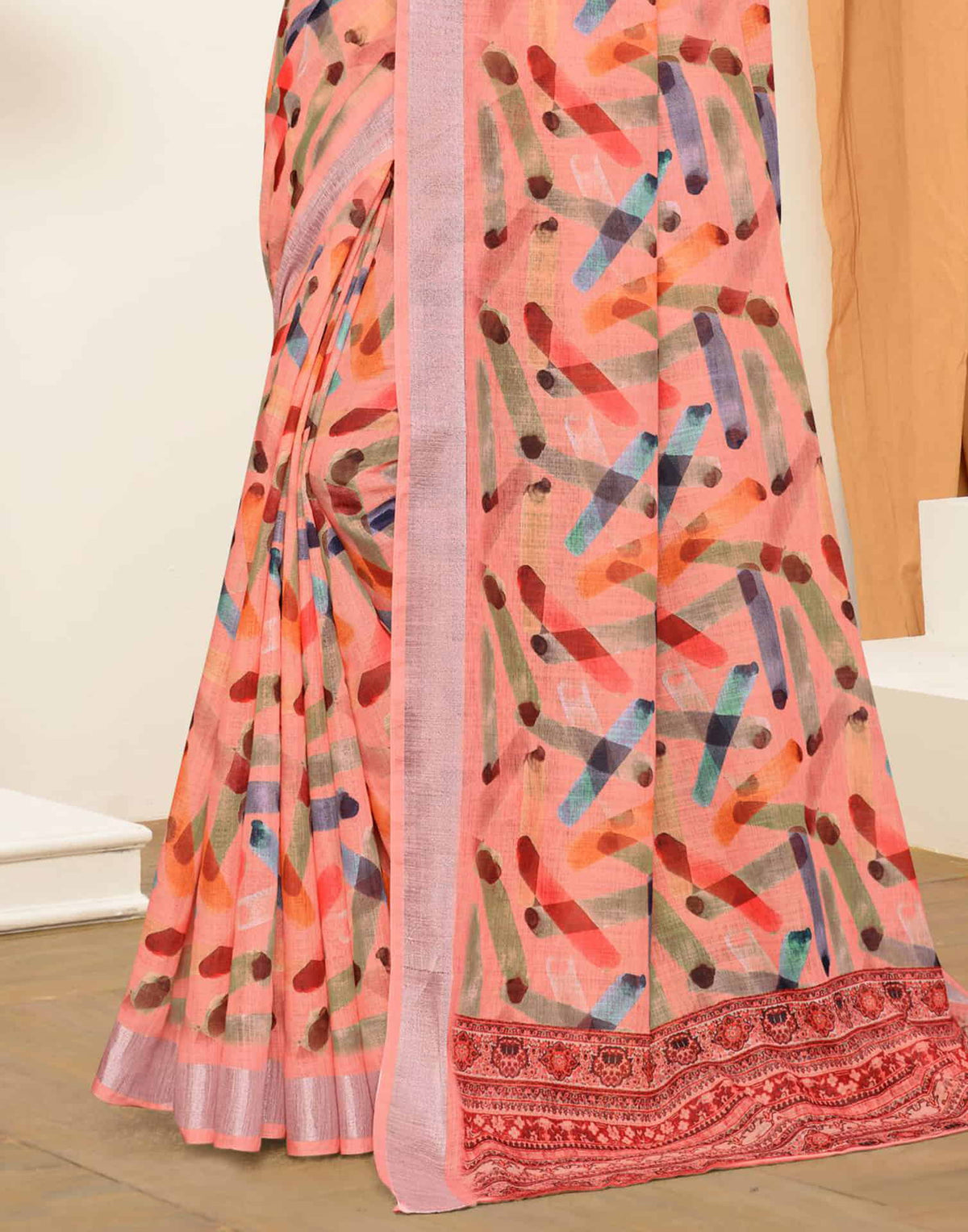 Sudathi Peach Zari Printed Linen Saree - PUSHMYCART