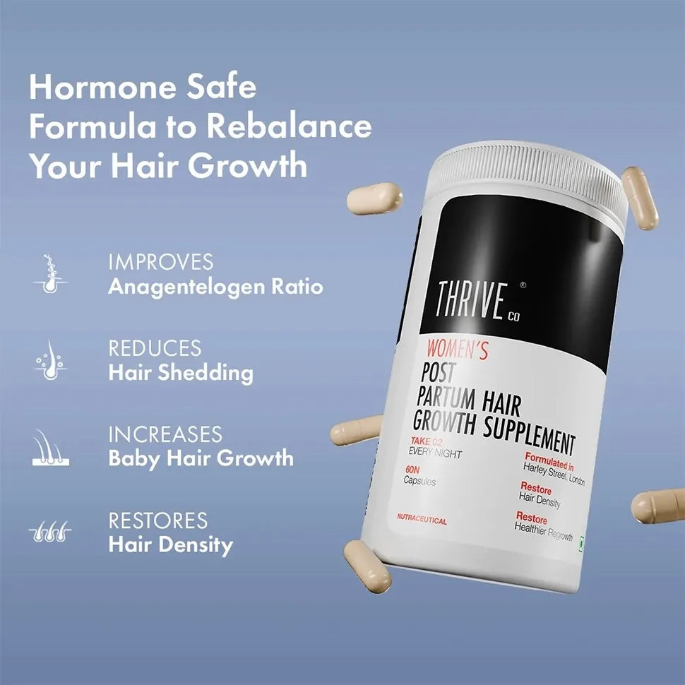 Thriveco Postpartum Hair Growth Supplement 60N for women, showing bottle and capsules, against a soft background. - Image 4