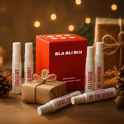 Bla Bli Blu Pack For Him with six 7ml parfum bottles in a sleek black box, showcasing diverse fragrances. - Image 3