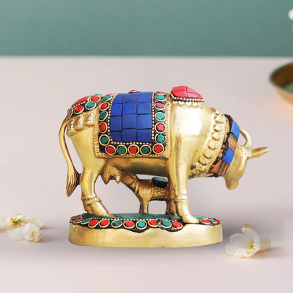 Brass Cow Stone Statue 1.1Kg - PUSHMYCART