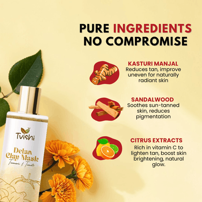 Tvishi Skincare Detan Clay Mask jar with a spatula, showing creamy texture against a natural backdrop. - Image 3