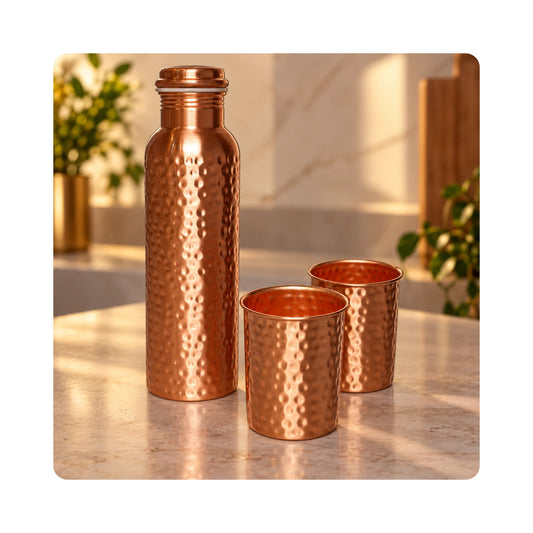 Mahita Collections Hammered Pure Copper Water Bottle 1 Litre with 2 Copper Glasses 250ml Gift Set