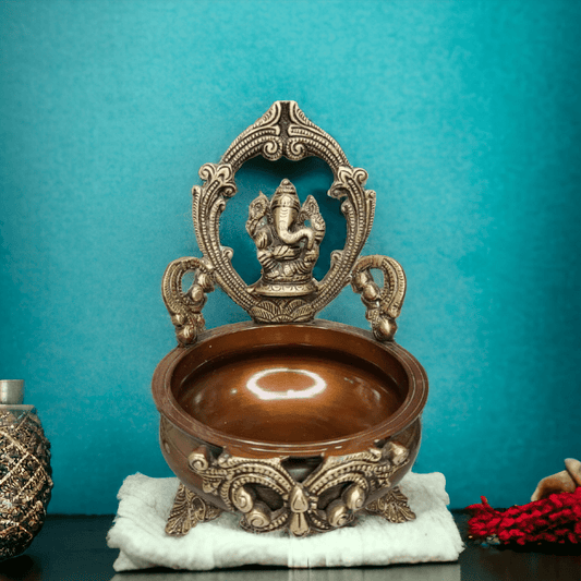 Tamas Brass Handcrafted Ethnic Carved Ganesha Design Brass Decor Urli Bowl  (Golden & Brown) (Pack of 1) - PUSHMYCART