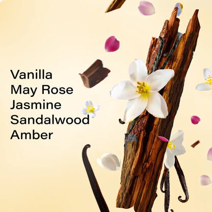 Fraganote Vanilla Wood scent bottle on a natural wood surface, emphasizing its woody notes.