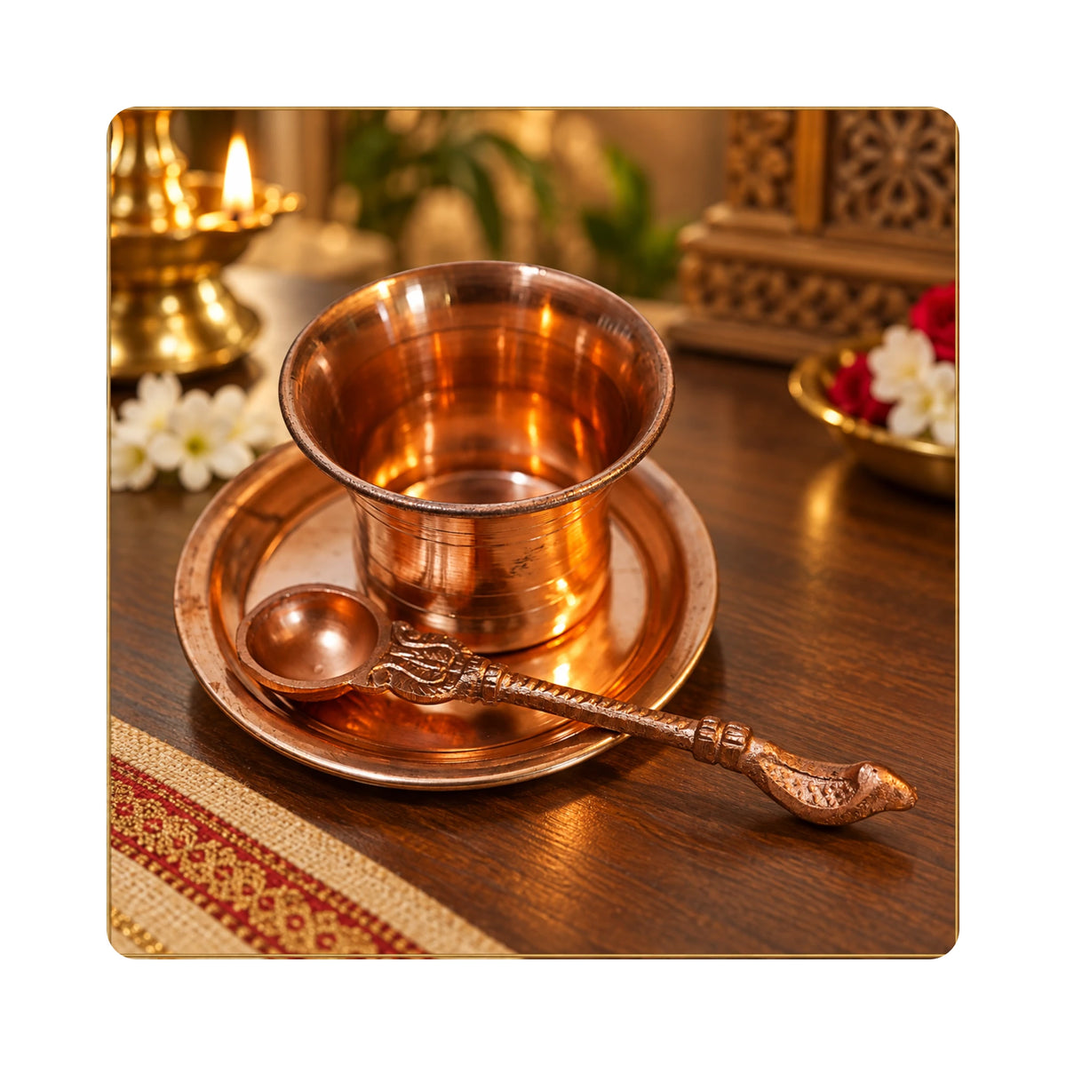 Pure Copper Patra with Plate and Cobra Spoon Set