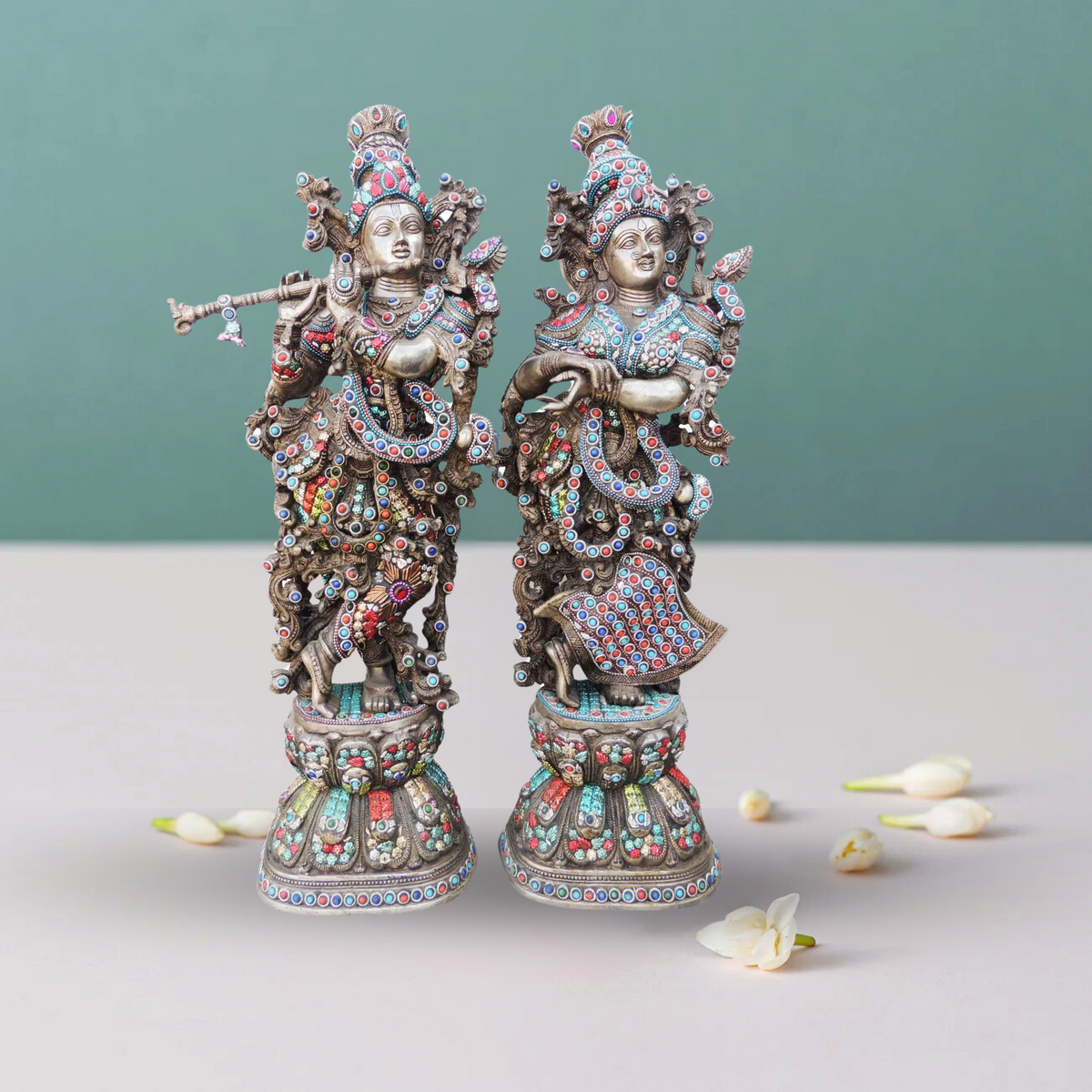 Brass Radha Krishna Stone Silver Antique 16.66Kg - PUSHMYCART