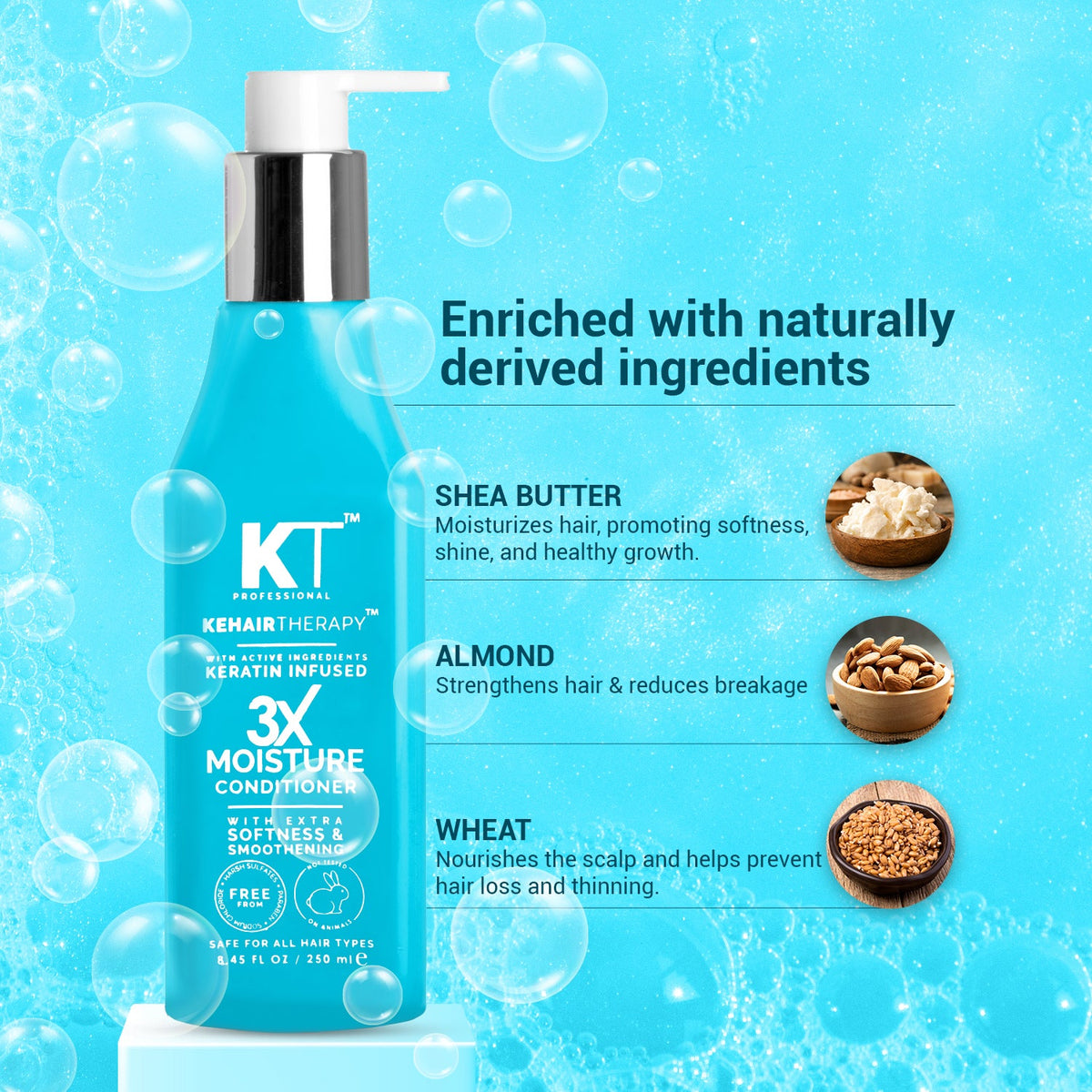 KT Professional 3X Moisture Conditioner bottle with rich, creamy texture, featuring Shea Butter, Almond, Wheat. - Image 4