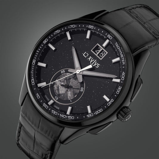 Xylys Swiss Chronograph Black Leather Strap Aventurine Dial Watch For Men