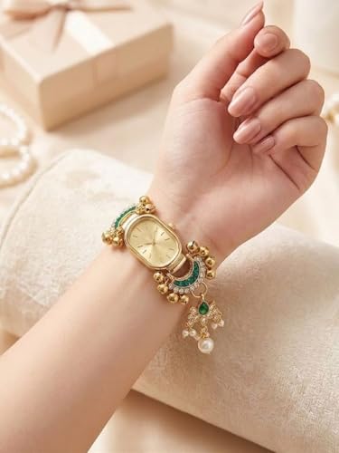 Kashmiri Women's Bracelet Watch | Gold Tone - Oval Dial 