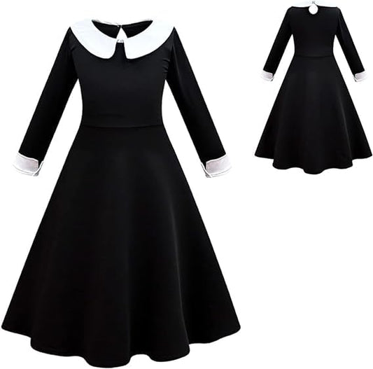 Rudra Fancy Dress Girls Gothic Black Dress White Collar Halloween Costume