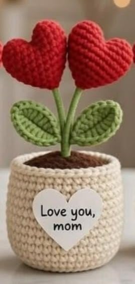 Crochet Handmade Heart Pot with Love You Mom Tag - image 1