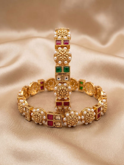 Anouk Set of 2 Gold Plated Pearl Square Multicolor Stone Bangles