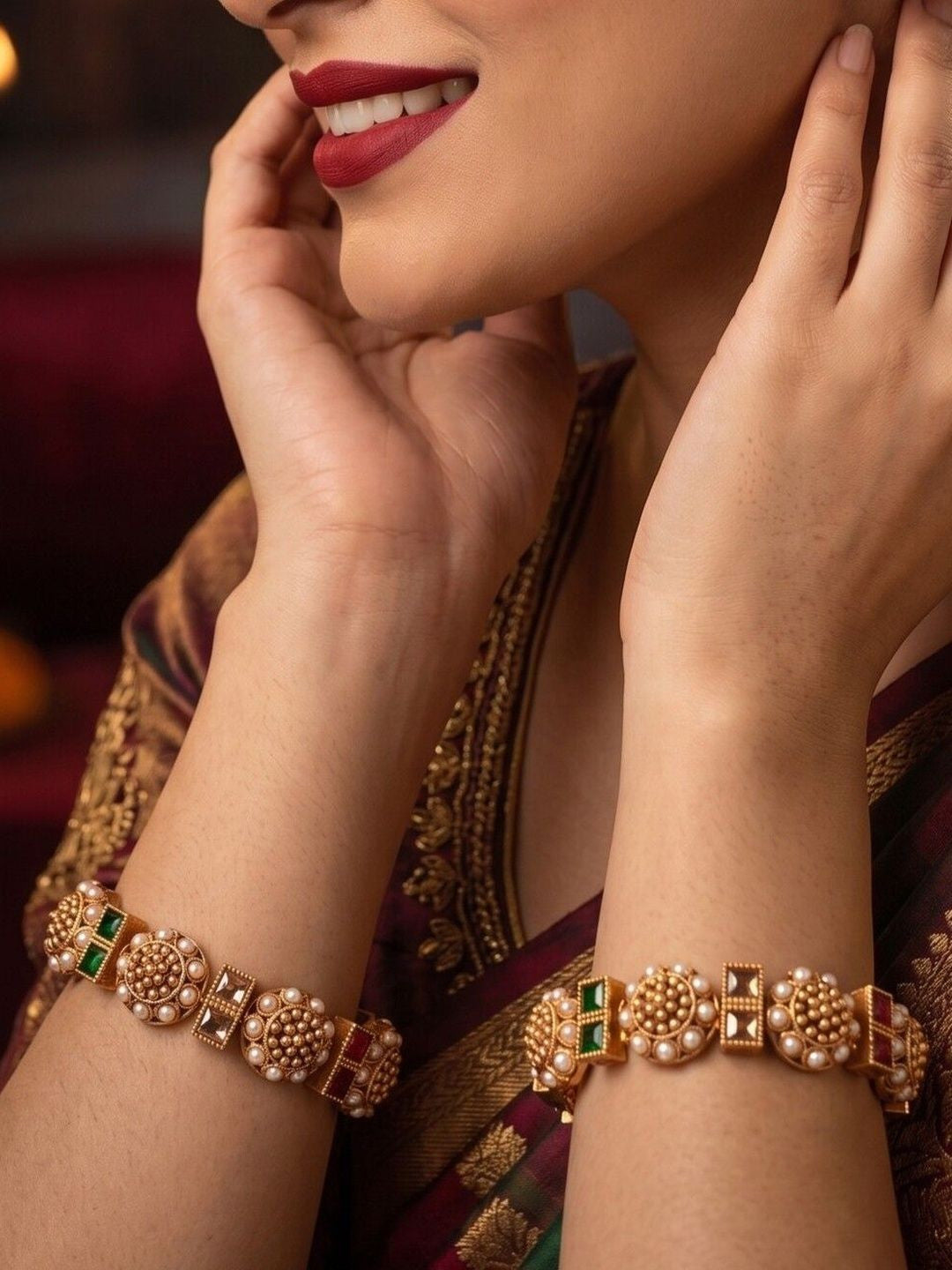 Anouk Set of 2 Gold Plated Pearl Square Multicolor Stone Bangles