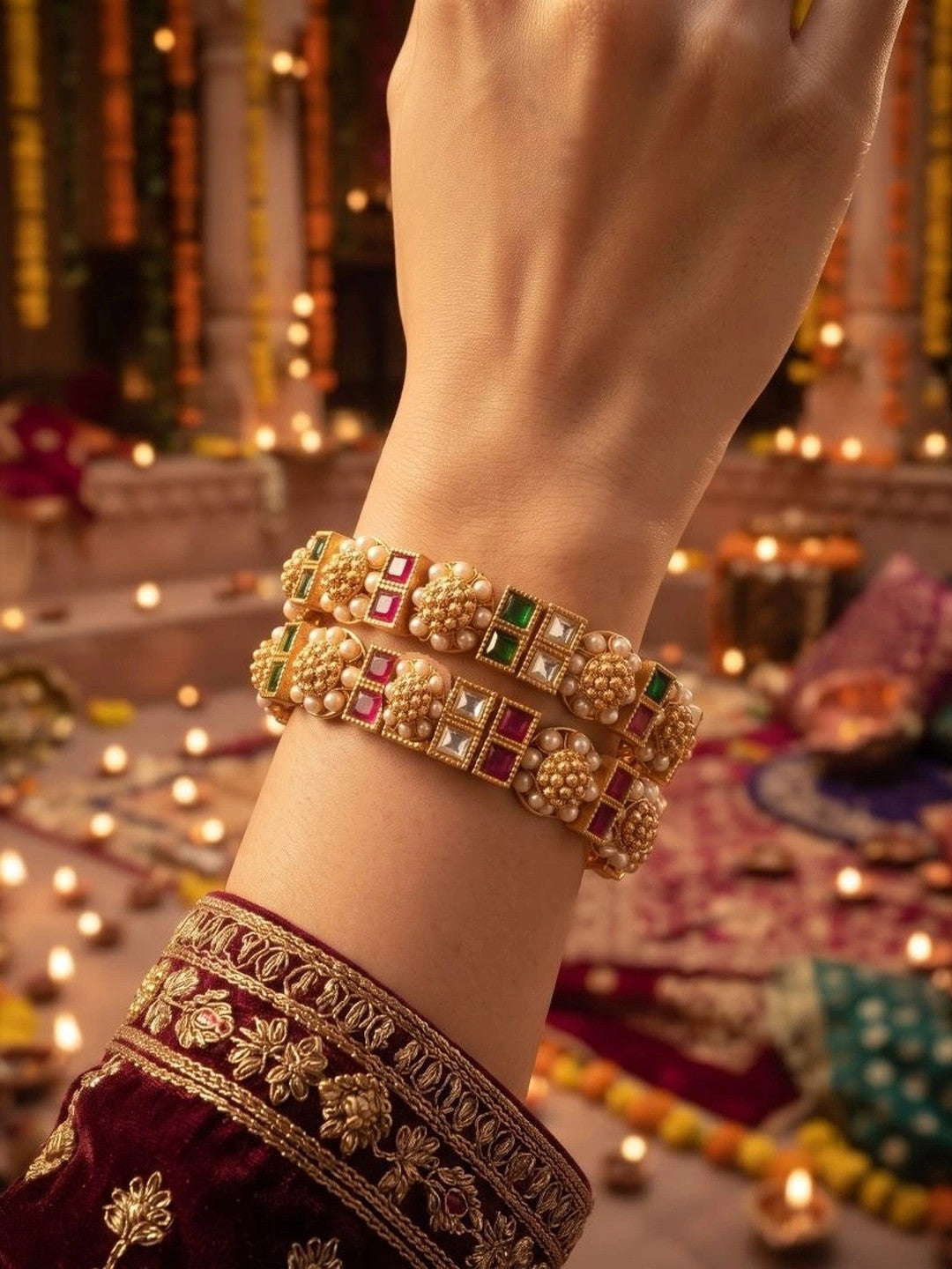 Anouk Set of 2 Gold Plated Pearl Square Multicolor Stone Bangles