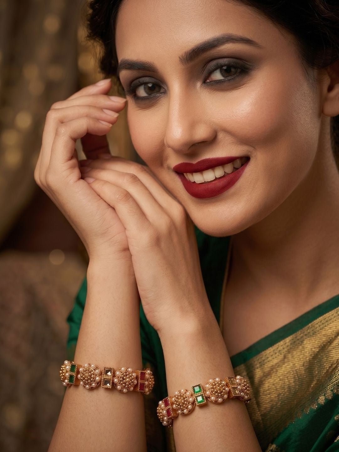 Anouk Set of 2 Gold Plated Pearl Square Multicolor Stone Bangles