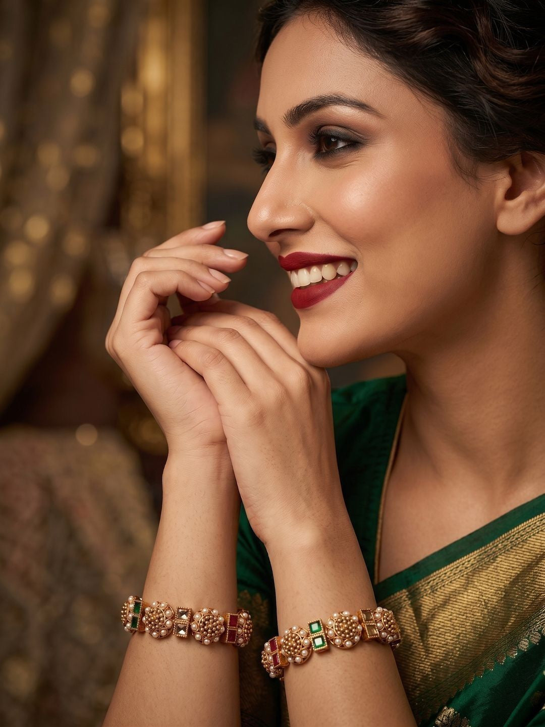 Anouk Set of 2 Gold Plated Pearl Square Multicolor Stone Bangles