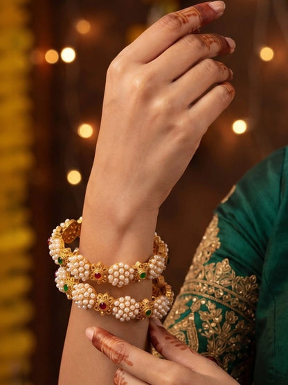Anouk Set of 2 Gold Plated Pearl Cluster Multicolor Stone Bangles