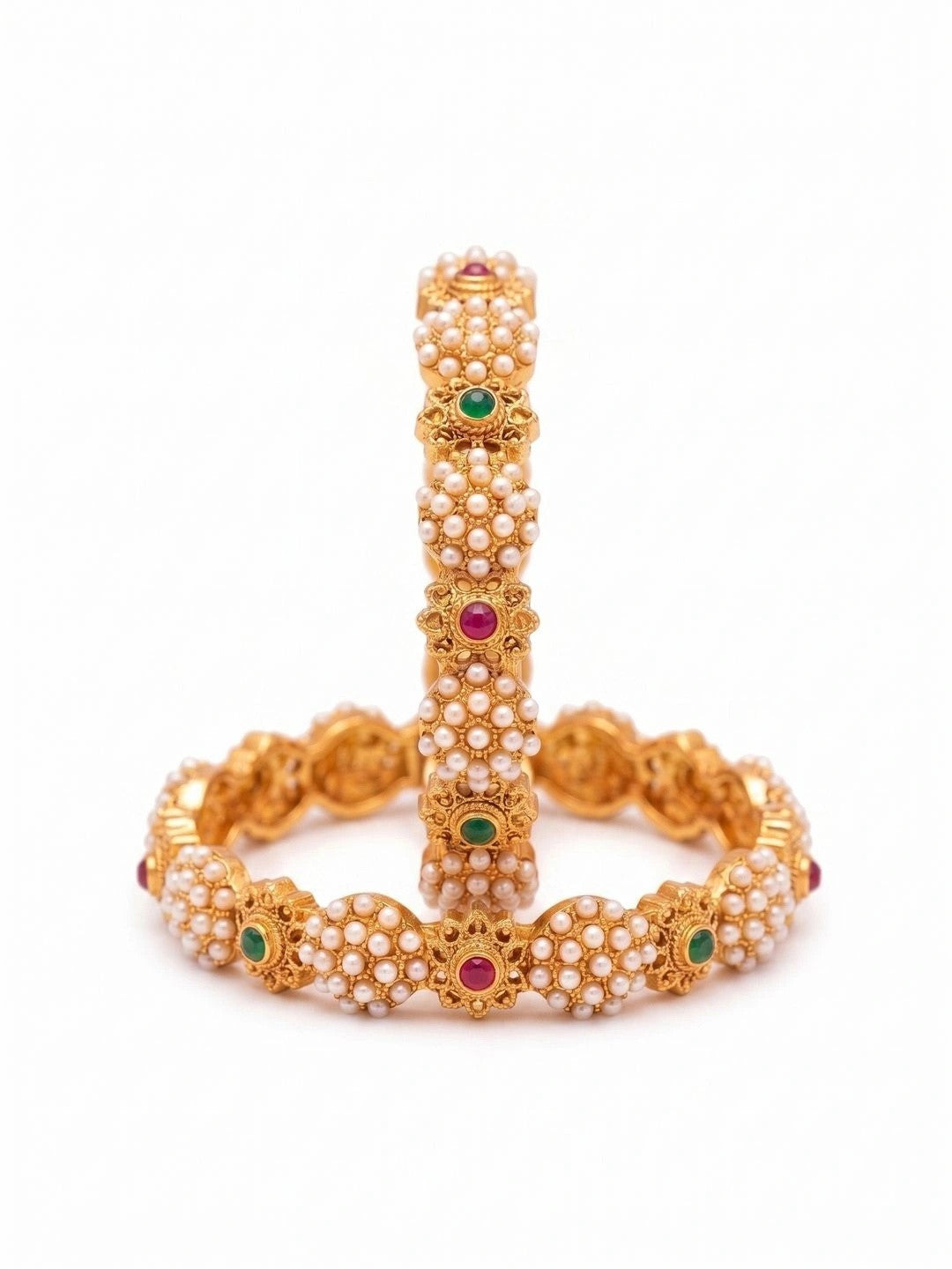 Anouk Set of 2 Gold Plated Pearl Cluster Multicolor Stone Bangles