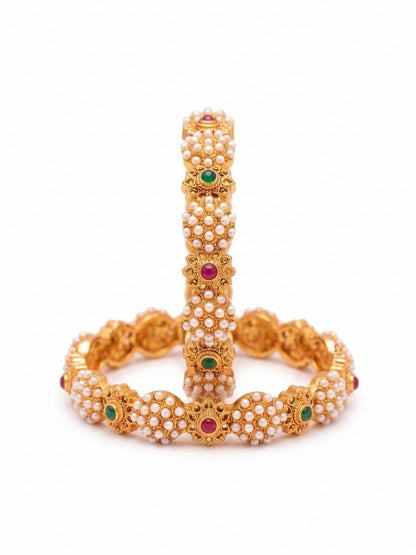 Anouk Set of 2 Gold Plated Pearl Cluster Multicolor Stone Bangles
